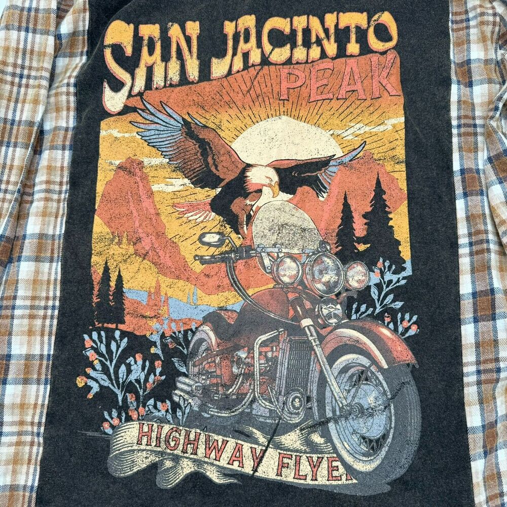 ALTAR'D STATE‎ Large Brown Plaid Flannel Shacket Button Down Shirt Biker Design
